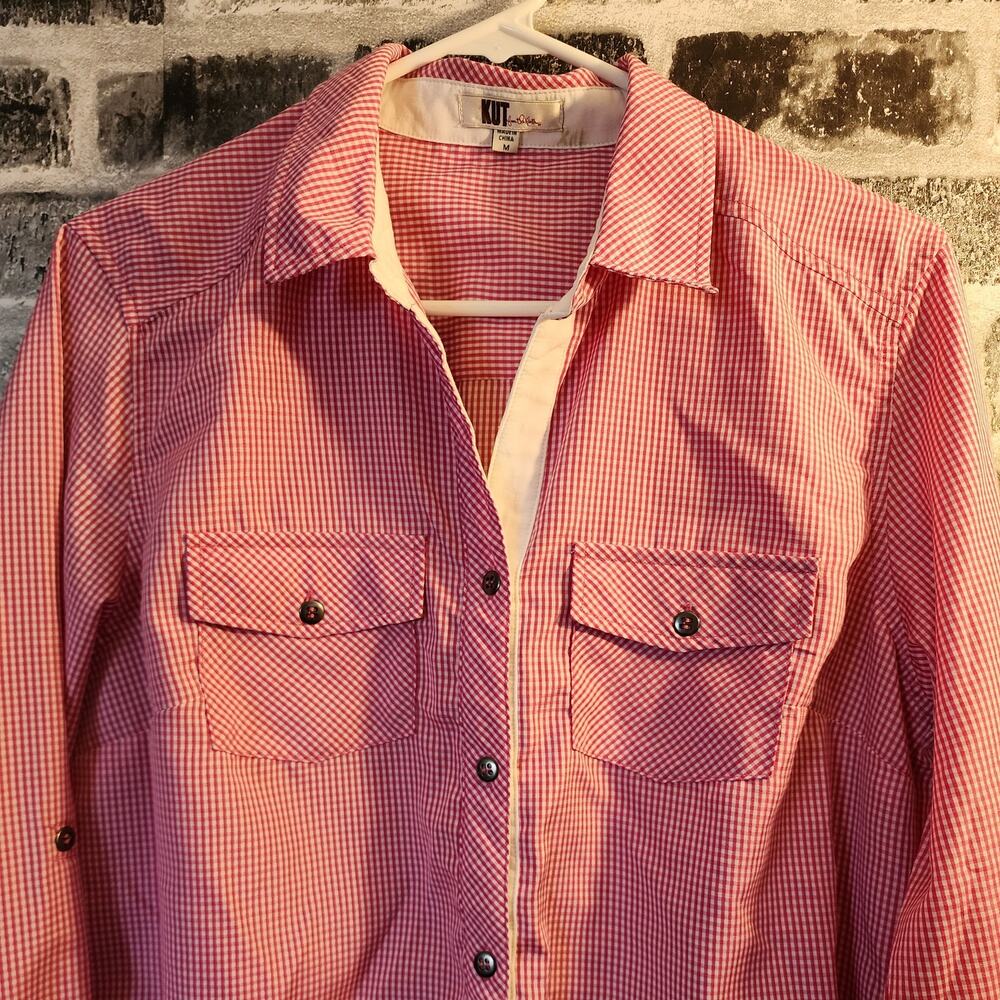 Kut From the Kloth Gingham Button Up Pink Long Sleeve Shirt Medium - Picture 2 of 7